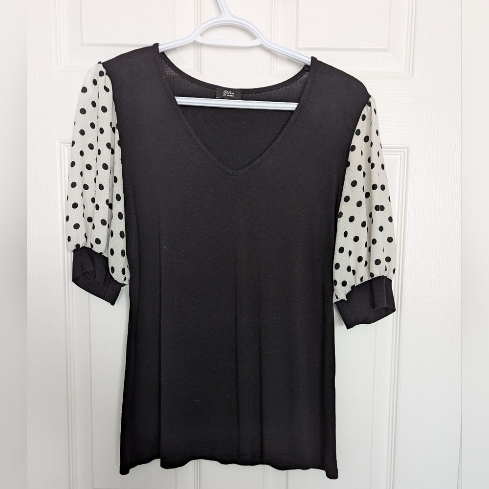 Storm Women's (Size Medium) Black V-Neck Top With Polka Dot Puff Sleeves
